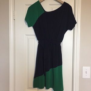 Navy and Green Waist Tie Dress